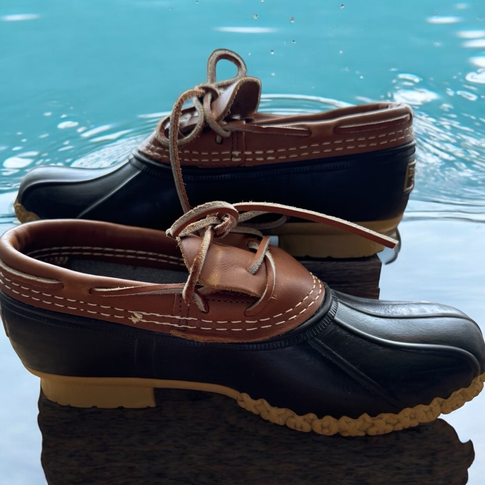 LL Bean Rubber Moc low bean booties. Tan and  brown. Size Women’s 9 /Men’s 7
